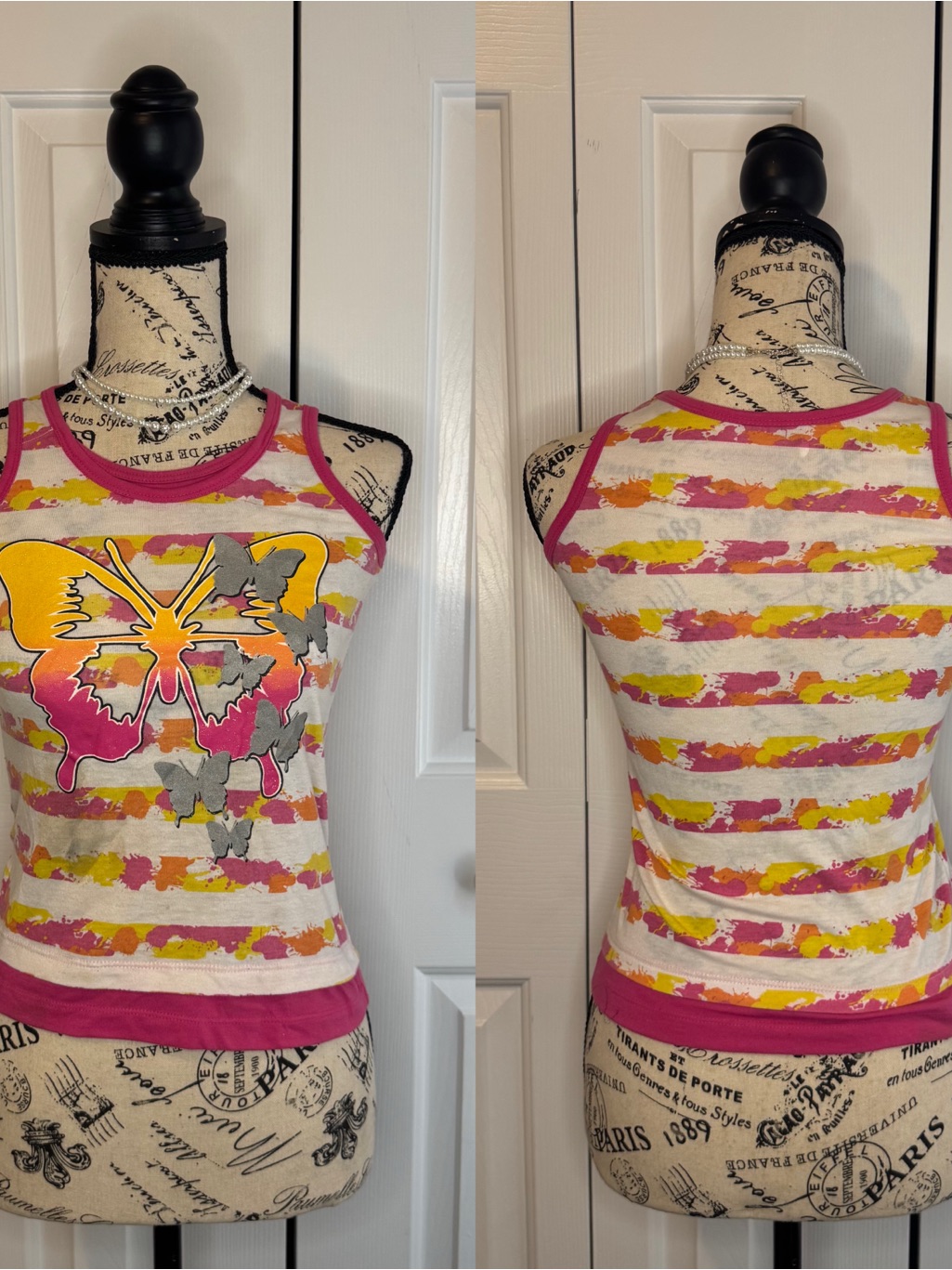 Bobbie Brooks Striped Butterfly Tank Top - Pink/Yellow/Gray